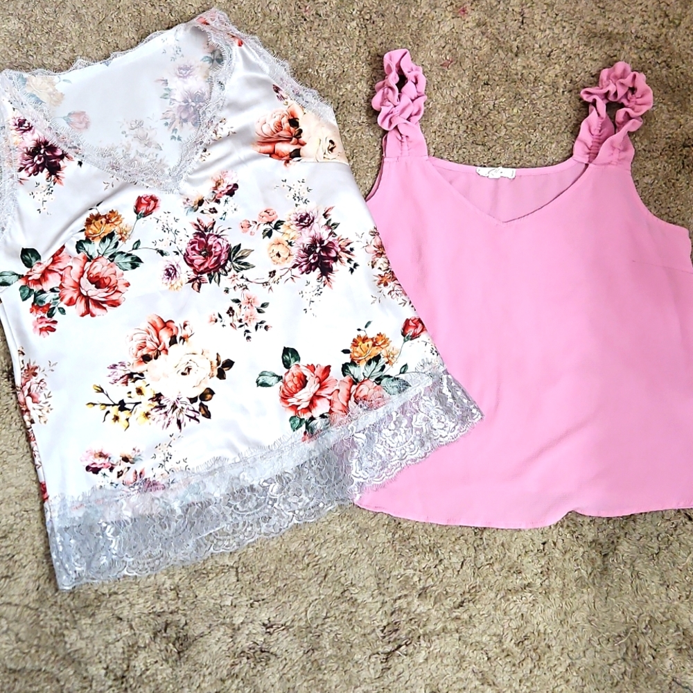 Bundle of 2 Tank Top Pink Ruffle Tank and Floral Lace Trim Top Size M
